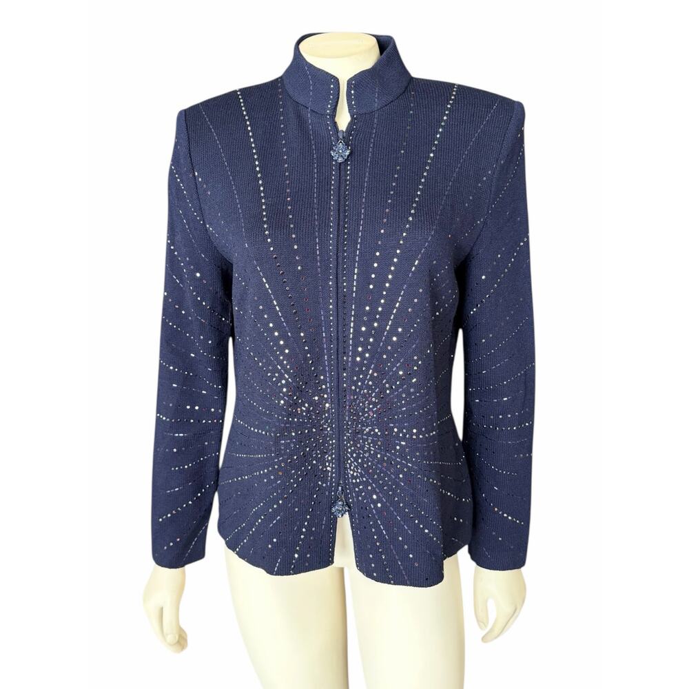 St. John Collection Dark Navy Santana Knit Paillette Starburst Jacket Sz 6